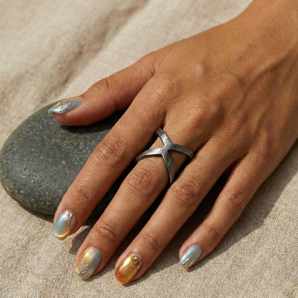 Silver Plated Zamak Ring Adjustable Boho Rustic X Statement Wide Band Size 7-11